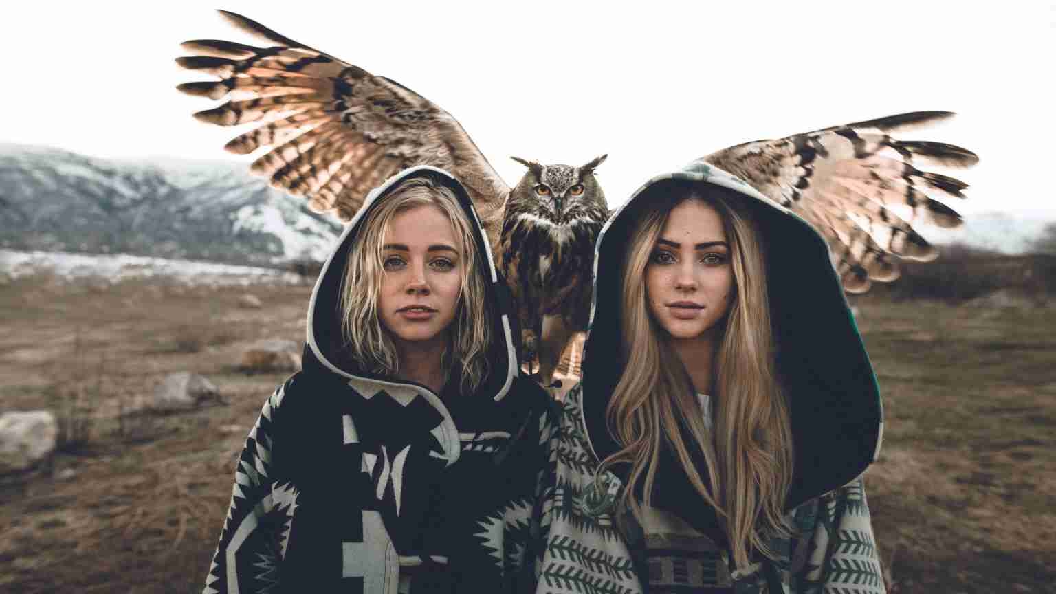 Girls with eurasian eagle owl 8k resolution wallpaper