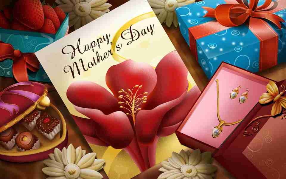 Happy mothers day greeting card with beautiful gifts
