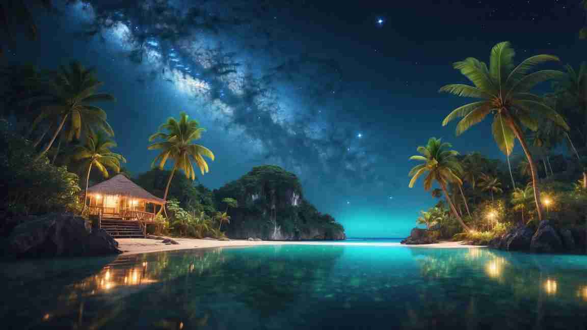 palm tree beach night galaxy view with house stars