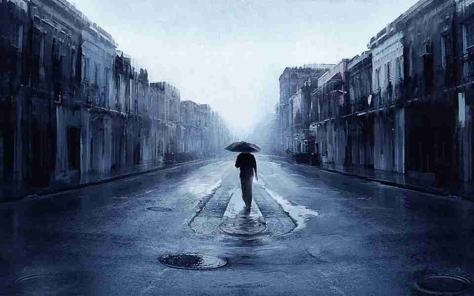 walk alone men monsoon season black and white painting wallpaper